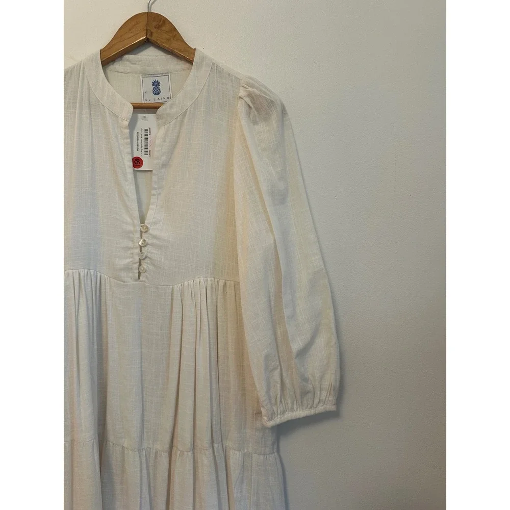 NWT CJ Laing Ingrid Tiered Cotton Maxi Dress in Bone White | Size Large